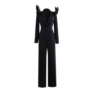 Saiid Kobeisy Asymmetrical Jet-Black Crepe Jumpsuit With Tailored Ruffles - NWT